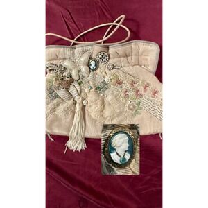 Vintage Assemblage Embellished Brooch Tassel Cameo Evening Bag Clutch 11x7